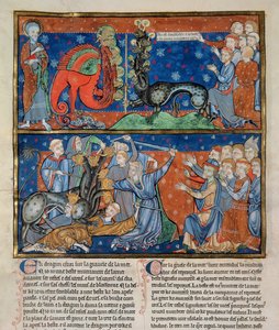 Ms R.16.2 f.14b Die Tötung des siebenköpfigen Tieres, aus der Trinity Apocalypse, Anglo-Normannisch, um 1250 (Pergament) von English School
