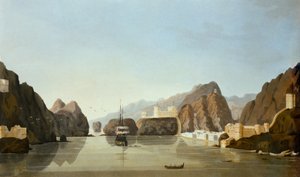 Muscat vom Hafen aus mit einer britischen Fregatte vor Anker, aus Sixteen Views of Places in the Persian Gulf von Leutnant R. Temple, veröffentlicht 1813 (Aquatinta)