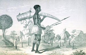 Einheimischer trägt einen verzierten Elfenbeinstoßzahn, aus Die Seenregionen Zentralafrikas, von Richard F. Burton (1821-90), 1860 von English School