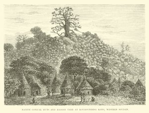Einheimische konische Hütten und Baobab-Baum in Kourounding Koto, Westsudan von English School