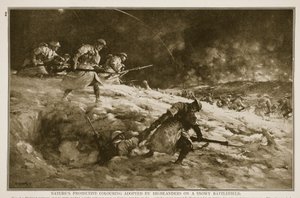 Natürliche Schutzfärbung, übernommen von Highlandern auf einem verschneiten Schlachtfeld, 1914-19 von English School