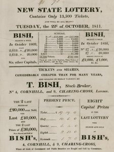 Neue Staatslotterie, betrieben von T. Bish, Börsenmakler, 4 Cornhill und 9 Charing Cross, London von English School