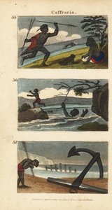 Nguni- oder Bantu (Kaffir)-Krieger jagt Antilopen mit Speeren, verlässt eine Frau, die in einem Fluss ertrinkt, und verehrt einen Anker von einem Ostindien-Schiff
