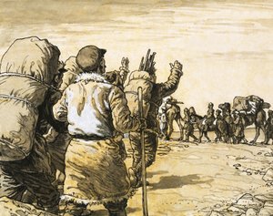 Nikolai Prjevalsky reist durch die Wüste Gobi und trifft auf eine Kamelkarawane von English School