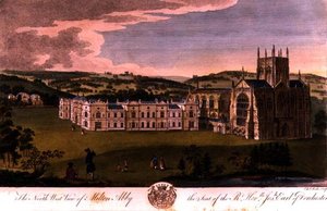 Nordwestansicht von Milton Abbey, Sitz des Right Honourable Joseph, Earl of Dorchester, graviert von Edward Rooker (c.1712-74) von English School