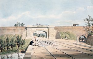 North Midland Linie unter dem Cromford-Kanal bei Bull Bridge, veröffentlicht von Day und Haghe von English School