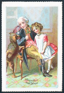 Alter Herr sitzt im Stuhl mit Mädchen und Hund, Weihnachtskarte von English School