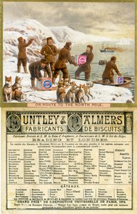 Auf dem Weg zum Nordpol, Vorder- und Rückseite einer Werbekarte für Huntley & Palmers Biscuits, produziert für den französischen Markt, 1890