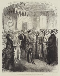 Eröffnung der Generalversammlung der Kirche von Schottland, der Earl of Aberdeen als Lord High Commissioner, empfängt die Schlüssel der Stadt Edinburgh im Holyrood-Palast (Gravur) von English School