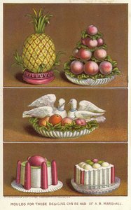 Ornamentformen zur Herstellung von gefrorenen Lebensmitteln in Form einer Ananas, Pfirsichen und zwei Tauben von English School