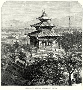 Palast und Tempel, Khatmandu, Nepal (Gravur) von English School