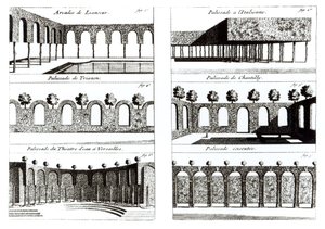 Palisadendesigns, aus Theory and Practice of Gardening, von Antoine-Joseph Dezallier D