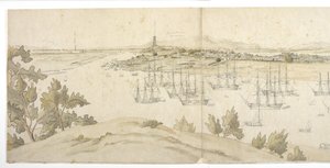 Panorama (linke Hälfte) von Whampoa von der Insel Dane, mit britischen und amerikanischen Schiffen im Ankerplatz