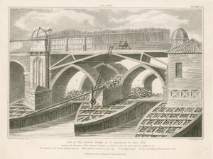 Teil der alten London Bridge, wie sie im Juni 1826 erschien von English School