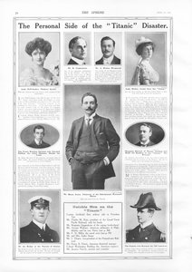 Passagiere auf der RMS Titanic, Fotografien und Informationen über bemerkenswerte Personen, die mit der Titanic verbunden sind, aus The Sphere, 27. April 1912 von English School