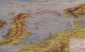 Perspektivkarte, die den Standort der Nordsee-Minenbarriere zeigt, die Szene der wichtigsten Seeschlachten und die deutschen Marinestützpunkte von English School