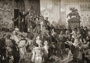 Peter der Einsiedler (1050-1115) predigt während des Ersten Kreuzzugs im Jahr 1095