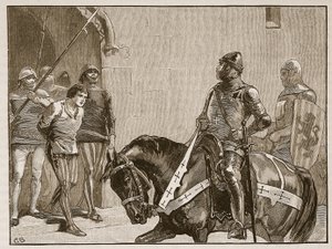 Piers Gaveston vor dem Earl of Warwick, Illustration aus Cassells Illustrierter Geschichte Englands