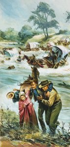 Pioniere überqueren den ungezähmten Arkansas River in den frühen 1880er Jahren
