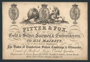 Pitter und Fox, Gold- und Silber-Laceman und Stickereien, Bedford Street, Covent Garden, Visitenkarte von English School