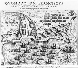 Plan, der zeigt, wie Francis Drake (um 1540-96) die Insel San Jacob stürmte und hielt