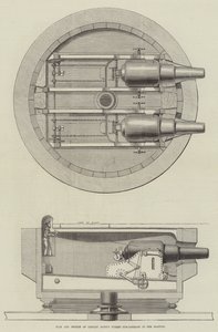 Plan und Querschnitt von Captain Scotts Turmgeschützlafette in der Glatton (Gravur) von English School