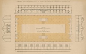 Plan, Ansichten und Schnitte des Museumsgebäudes auf dem Kensington Gore Estate von English School