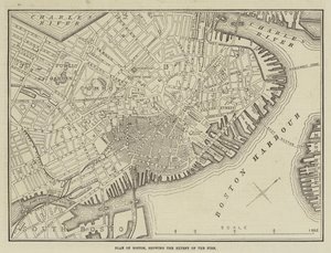 Plan von Boston, der das Ausmaß des Feuers zeigt (Gravur) von English School