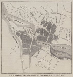 Plan von Bridgetown, Barbados, zeigt den durch das kürzliche Feuer zerstörten Teil (Stich) von English School