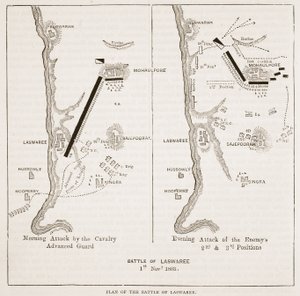 Plan der Schlacht von Laswaree, Illustration aus Cassells Illustrierter Geschichte Indiens von James Grant, veröffentlicht 1879 von English School