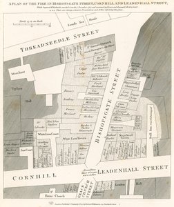 Plan des Feuers in der Bishopsgate Street, Cornhill und Leadenhall Street, London, das am 7. November 1765 begann von English School