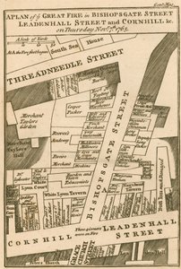 Plan des Feuers in der Bishopsgate Street, Cornhill und Leadenhall Street, London, das am 7. November 1765 begann von English School