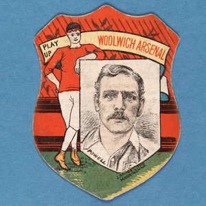 Spiel auf Woolwich Arsenal Powell, Baines-Karte in Form eines Schildes, 1888-89 von English School