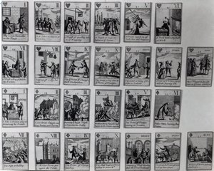 Spielkarten, die Episoden der Glorious Revolution von 1688-89 darstellen, ca. 1689 von English School