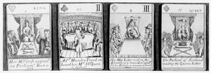 Spielkarten, die Ereignisse zu Beginn der Herrschaft von Königin Anne darstellen, aus einem Set zur Erinnerung an den Spanischen Erbfolgekrieg (1702-13)