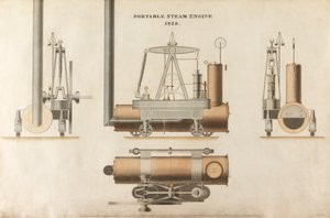 Tragbare Dampfmaschine, entworfen von Maudsley, Sons & Field, 1828 (Feder & Tinte und Aquarell auf Papier) von English School