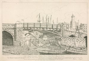 Teil der alten London Bridge, gezeichnet 1826 während der Bauarbeiten von English School