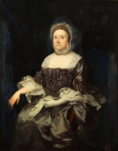 Porträt von Deborah Worsley von Platt, sitzend in Dreiviertellänge, in einem mauvefarbenen Kleid mit weißem Spitzenkragen und -manschetten, ein Paar Handschuhe haltend, ca. 1760 von English School