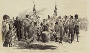 Präsentation neuer Farben an das 43. Regiment durch die ehrenwerte Lady Pakenham in Portsmouth (Gravur) von English School