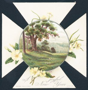 Primeln und Landschaftsszene, Neujahrskarte von English School