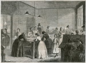 Druckerei (Victoria Press) in der Great Coram Street, zur Beschäftigung von Frauen als Setzerinnen von English School