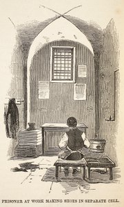 Gefangener bei der Schuhherstellung in einer Einzelzelle, Illustration aus The Criminal Prisons of London and Scenes from Prison Life von Henry Mayhew und John Binny, veröffentlicht 1862
