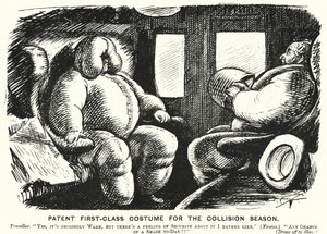 Punch-Karikatur: Patent-Erstklassiges Kostüm für die Kollisionssaison - Sicherheit auf den Eisenbahnen von English School