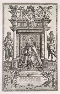Königin Elizabeth I. (1533-1603) als Schirmherrin der Geographie und Astronomie, Frontispiz zu einem Buch sächsischer Karten von England, 1579 von English School