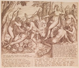 Königin Elisabeth I. von England als Göttin Diana, sitzend im Urteil über Papst Gregor XIII.