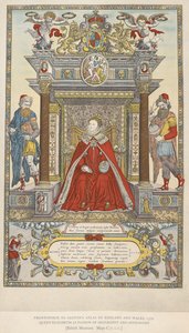 Königin Elizabeth als Schirmherrin der Geographie und Astronomie. Frontispiz zu Saxtons Atlas von England und Wales von 1579 von English School