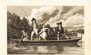 Regency-Gentlemen und Dame angeln auf einem Kahn auf der Themse von English School