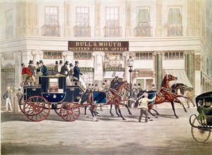 Regent"s Circus, Beaufort Coach Abfahrt vom Bull and Mouth, von Shayer und Hunt von English School