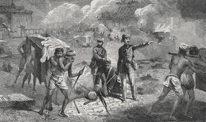 Evakuierung der Kranken und Verwundeten in Lucknow von der Residenz nach Dilkoosha in der Nähe der Stadt von English School
