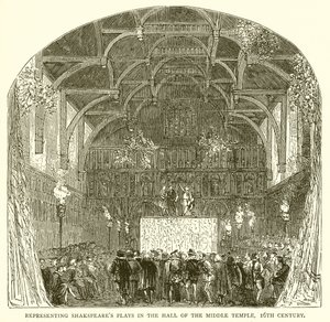 Darstellung von Shakespeares Stücken in der Halle des Middle Temple, 16. Jahrhundert von English School
